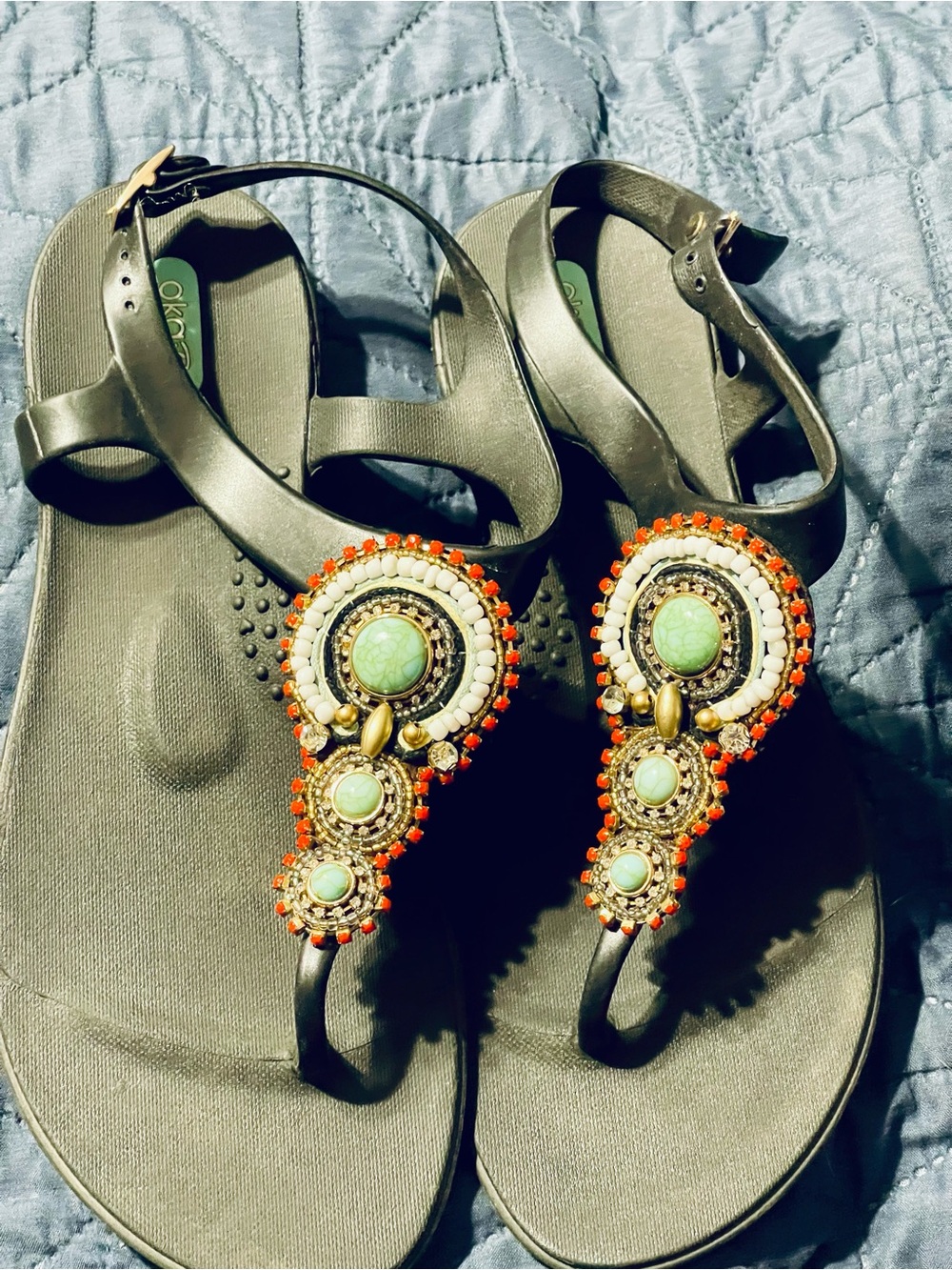 OkaB Embellished Black T-Strap Sandals with Turquoise Accents
